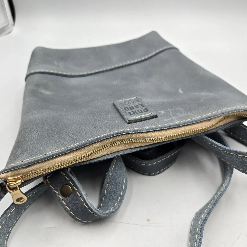 Portland Leather Goods Festival Bag Crossbody Light Blue Zip Top Inside Pocket
